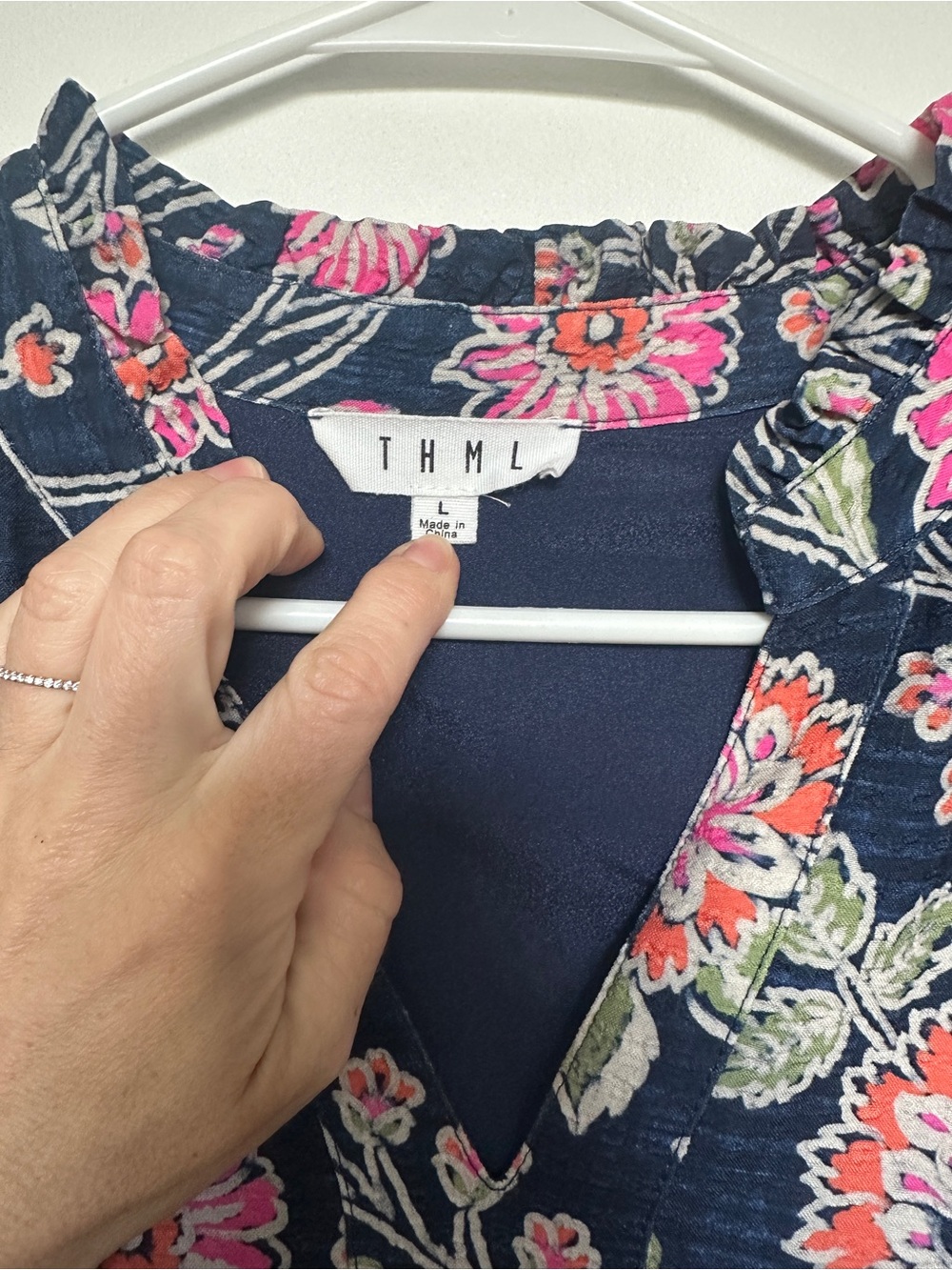 THML Navy Floral Tiered Puff Sleeve Dress with Pink and Orange Blooms - Picture 4 of 12